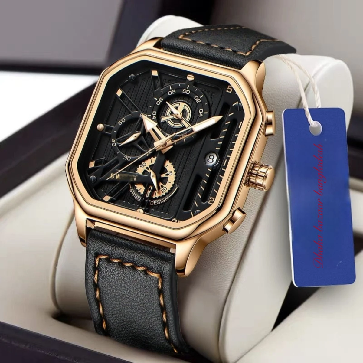 TRSOYEES আর্টিফিশিয়াল লেদার নতুন ডিজাইনের পুরুষদের জন্য ঘড়ি BLACK GOLDEN