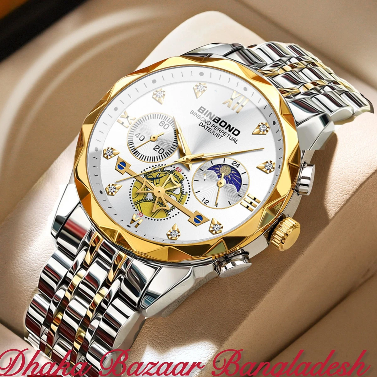 BIN 8855 নন মেকানিক্যাল ওয়াটার প্রুফ ঘড়ি SILVER GOLDEN WHITE