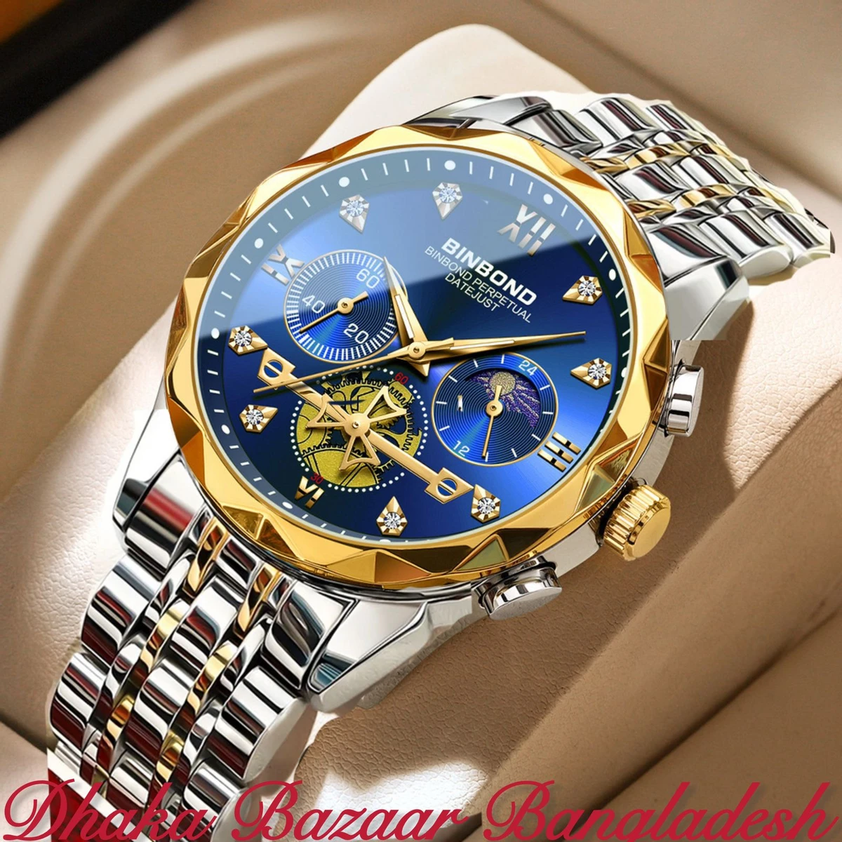 BIN 8855 নন মেকানিক্যাল ওয়াটার প্রুফ ঘড়ি SILVER GOLDEN BLUE